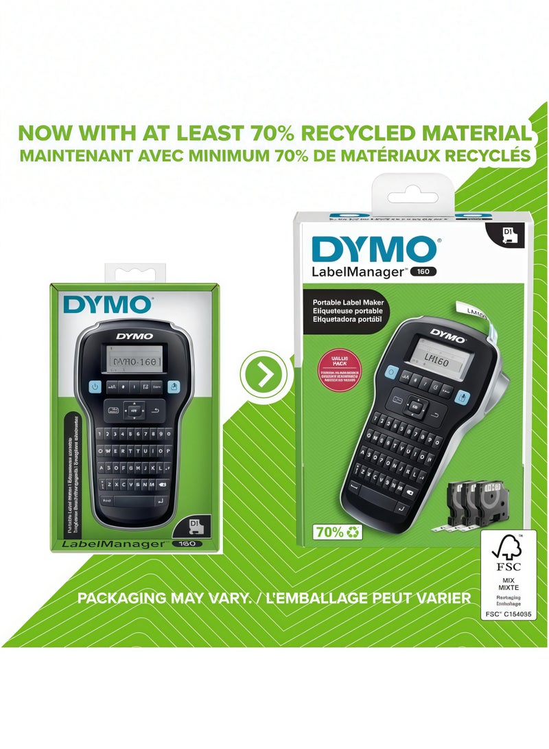 دايمو مجموعة طابعة الملصقات المحمولة DYMO LabelManager 160، سهلة الاستخدام، مع أزرار ذكية بضغطة واحدة، لوحة مفاتيح QWERTY، شاشة عرض كبيرة، مناسبة لتنظيم المنزل والمكتب، تشمل 3 صناديق ملصقات D1. - Image 2